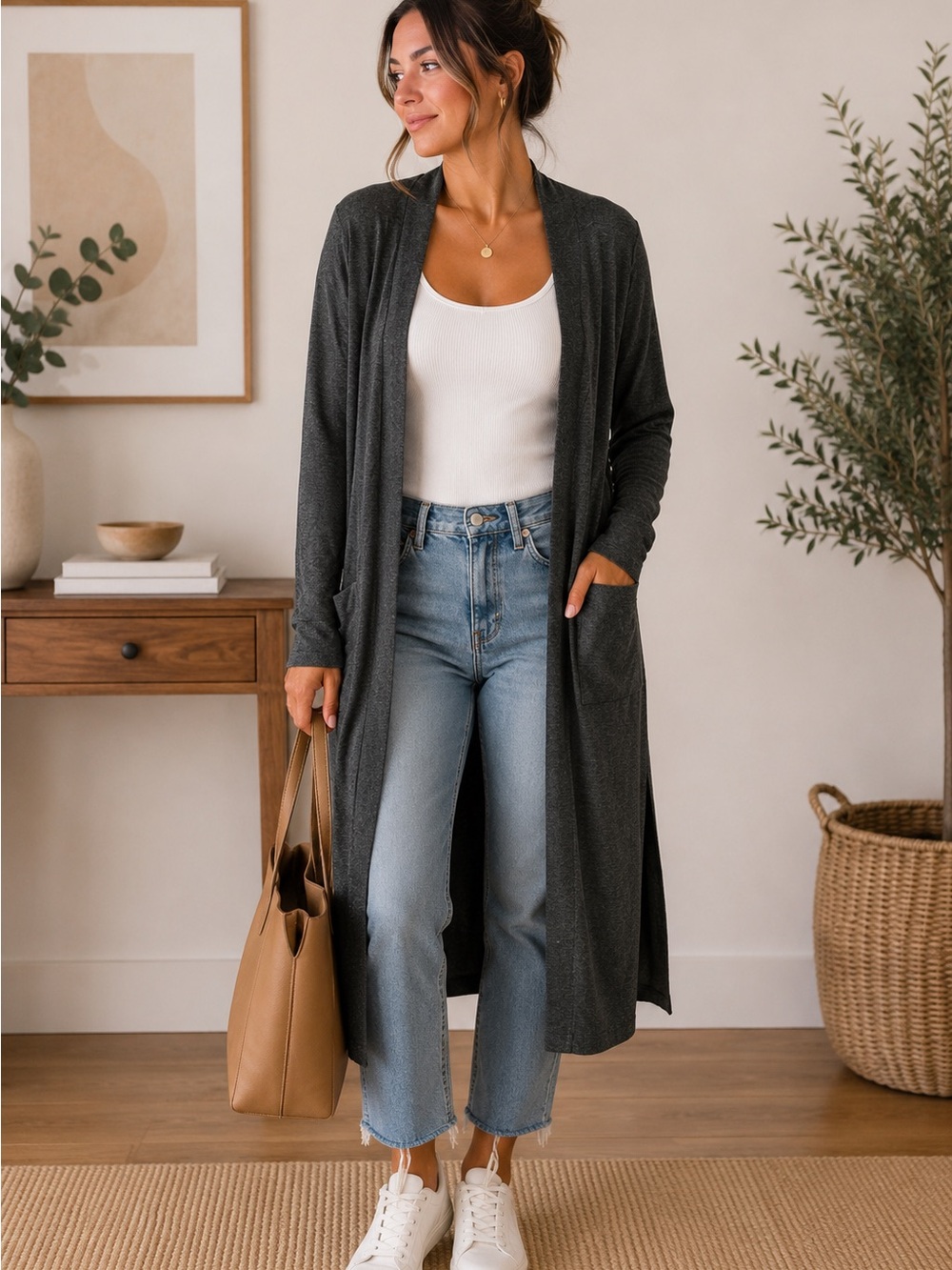 Amazon Essentials Long Open-Front Cardigan in Charcoal Gray NWT Size Medium